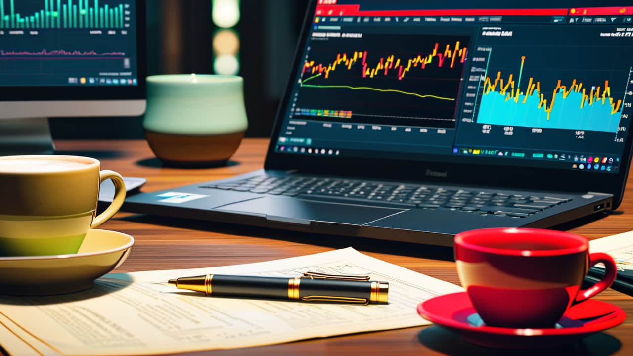  a close up of a diverse array of currencies scattered on a trading desk, alongside a laptop displaying stock charts, candles, and graphs, with a coffee cup and notepad in the background. hyperrealistic, full body, detailed clothing, highly detailed, cinematic lighting, stunningly beautiful, intricate, sharp focus, f/1. 8, 85mm, (centered image composition), (professionally color graded), ((bright soft diffused light)), volumetric fog, trending on instagram, trending on tumblr, HDR 4K, 8K