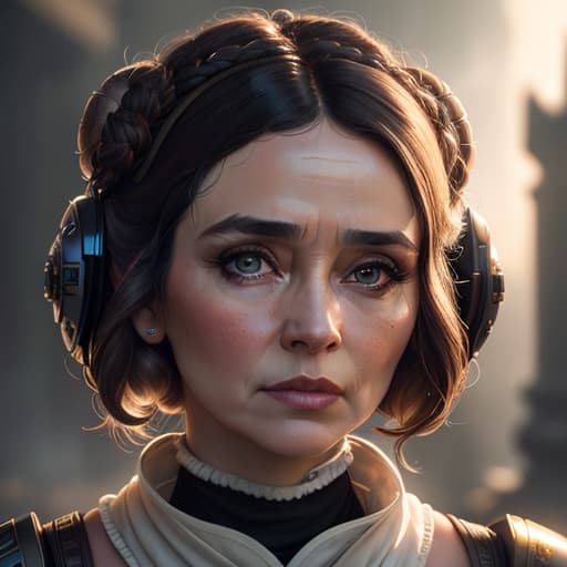  ((best quality)), ((masterpiece)), (detailed), beautiful face, princess Leia, (defiance512:1.2), big eyes, heavy black iron armor, detailed helmet, intense gaze, battle ready, contrasting soft skin, (lighting:1.2), close up portrait, 4:3 aspect ratio. hyperrealistic, full body, detailed clothing, highly detailed, cinematic lighting, stunningly beautiful, intricate, sharp focus, f/1. 8, 85mm, (centered image composition), (professionally color graded), ((bright soft diffused light)), volumetric fog, trending on instagram, trending on tumblr, HDR 4K, 8K