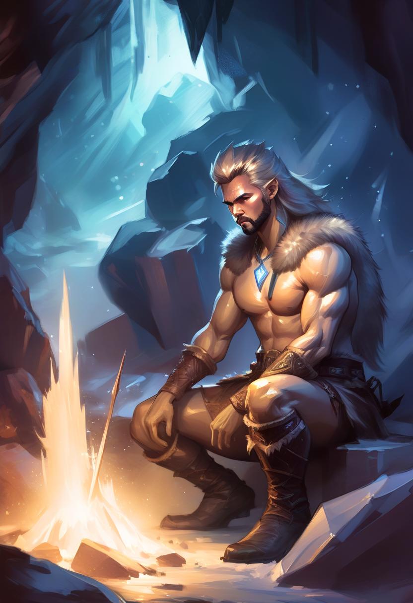  (ink sketch:1.2), (art by style of ross tran:1.4), depicting an expressive stone age man hunter in cave, whose image seamlessly blends with the textures of the stone cave, soft diffused lighting in warm tones envelops her, enhancing the mystical aura around her slender form. clad in a fur, sits in front of the fire, traditional media, watercolor, fantasy illustration, soft colors, final fantasy, the warrior of light from final fantasy, beautiful mysterious clouds, in a magical world, illuminated by a silvery glow. on a dark background of complex texture: stars, silver dust, abstract electric sparks,