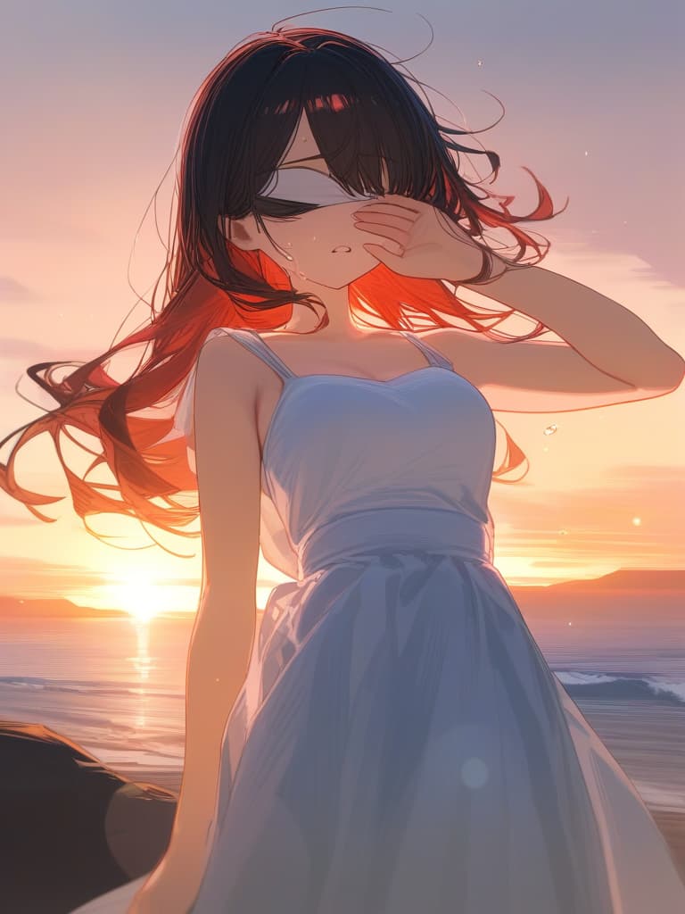  a masterpiece,one girl,delicate hair color,swaying hair,eye hidden by bangs,crying face,( tears running down her cheeks),red cheeks,(((right hand covering her eye:1.2))),((( pow hand))),white dress,swaying hem,walking,sunset,beach in background,natural light,high quality,super resolution,super detailed,8k