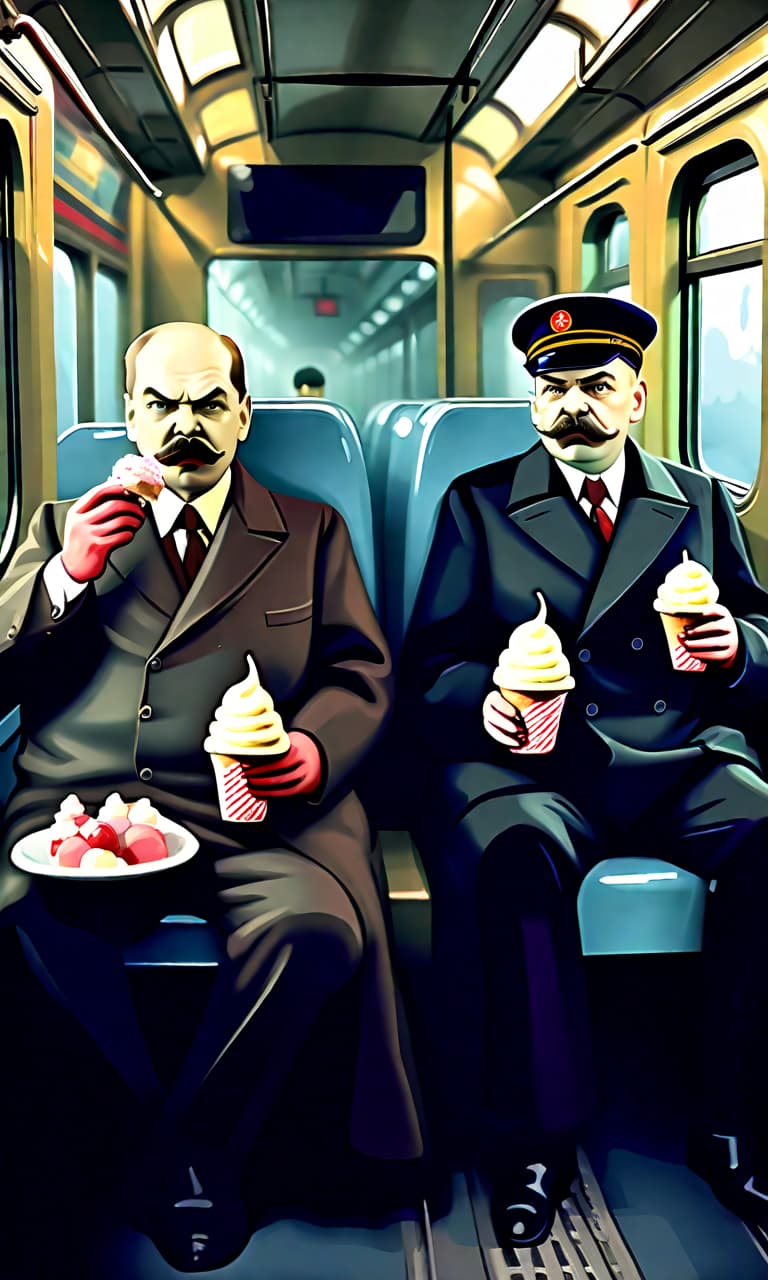  horror themed stalin and vladimir ilyich lenin in costumes of the early 20th century eat ice cream on the train. . eerie, unsettling, dark, spooky, suspenseful, grim, highly detailed