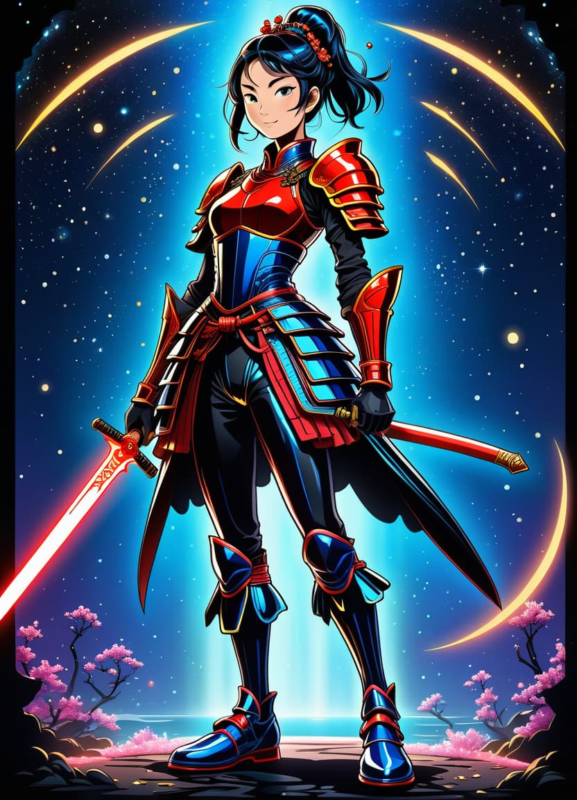  a humorous illustration. bright colors, cartoon style. on the black background, shiny contours outlines of silhouette of a japanese samurai girl in black samurai armor, in full length, in patent leather black shoes, made of blue star and red comet, frame with intricate thin ornamentation from comet, stars and cosmic dust: (thin: 1,4) lines ,