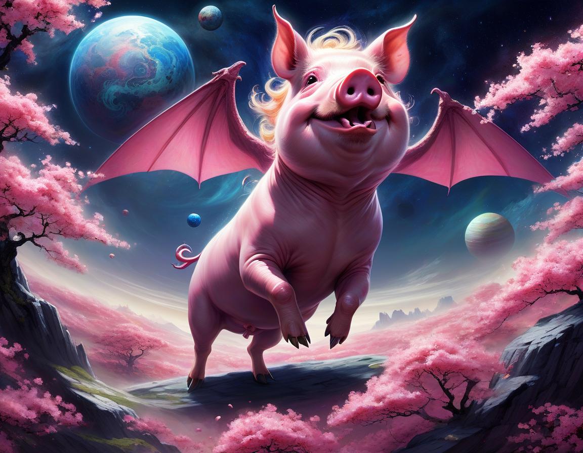  space themed mythological creature. pig like dragon on a chinese hill among sakura petals picked up by the wind and swirling around it, very dynamic picture with bright colors of cool tones, the muzzle is large, the gaze is directed straight at us, bright color of the eyes, digital painting, art, artist: edward hopper . cosmic, celestial, stars, galaxies, nebulas, planets, science fiction, highly detailed