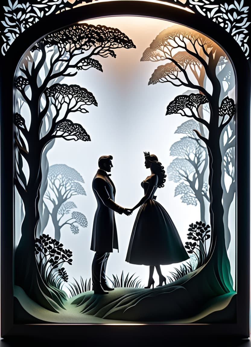  3d papercut shadow box of ((transparent frame in the form of silhouettes of a man and a woman in love, close up 1.5)). ((((inside the transparent silhouette 1, 7))): dawn, white cumulus clouds, crowns of trees in bloom, spring, love, romantic1,5))). (style):romantic fantasy art, advertising, poster, art design, . layered, dimensional, depth, silhouette, shadow, papercut, handmade, high contrast, hkmagic hyperrealistic, full body, detailed clothing, highly detailed, cinematic lighting, stunningly beautiful, intricate, sharp focus, f/1. 8, 85mm, (centered image composition), (professionally color graded), ((bright soft diffused light)), volumetric fog, trending on instagram, trending on tumblr, HDR 4K, 8K