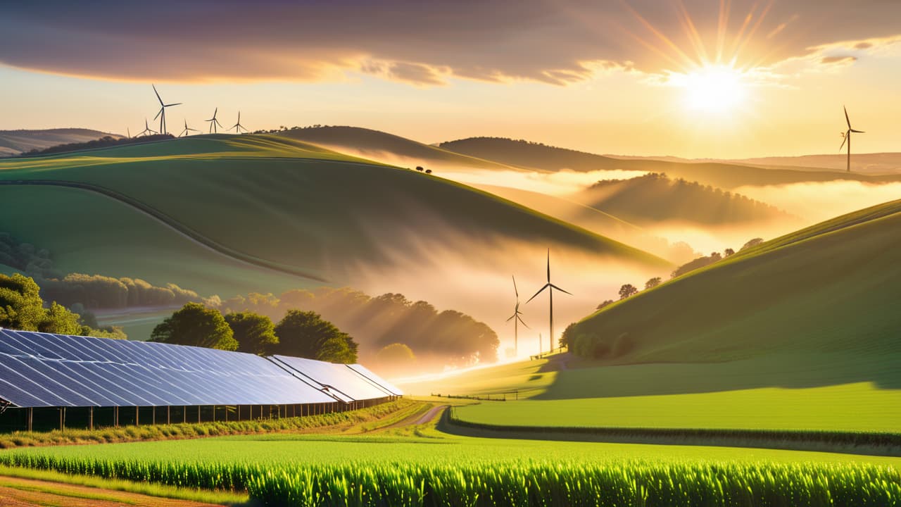  a vibrant landscape featuring solar panels glinting in sunlight, wind turbines spinning atop rolling hills, a flowing river with a hydroelectric dam, geothermal steam rising from the earth, and lush fields of bioenergy crops. hyperrealistic, full body, detailed clothing, highly detailed, cinematic lighting, stunningly beautiful, intricate, sharp focus, f/1. 8, 85mm, (centered image composition), (professionally color graded), ((bright soft diffused light)), volumetric fog, trending on instagram, trending on tumblr, HDR 4K, 8K