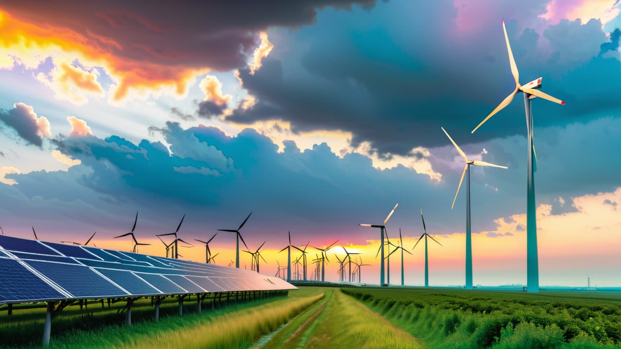  a split image showing a solar panel installation on a sunny rooftop juxtaposed with a wind turbine farm under a cloudy sky, with visible electricity meters displaying rising numbers, emphasizing energy consumption in different scenarios. hyperrealistic, full body, detailed clothing, highly detailed, cinematic lighting, stunningly beautiful, intricate, sharp focus, f/1. 8, 85mm, (centered image composition), (professionally color graded), ((bright soft diffused light)), volumetric fog, trending on instagram, trending on tumblr, HDR 4K, 8K