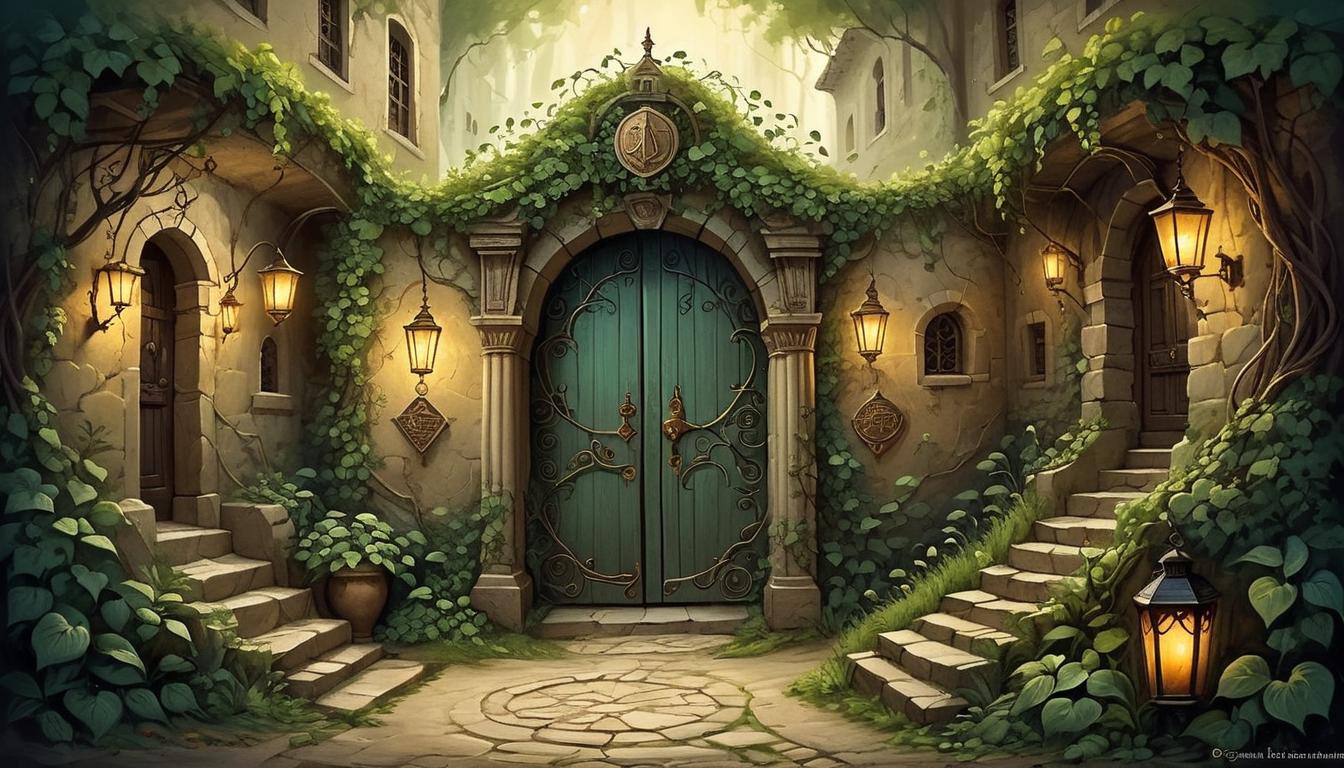  on parchment, surrealism+++, a secretive alleyway, leading to a hidden sanctuary, intricate door with emblem, vines creeping, path lit by lanterns, mysterious, inviting, chosen journey(mysterious, provocative, symbolic,muted color)+++