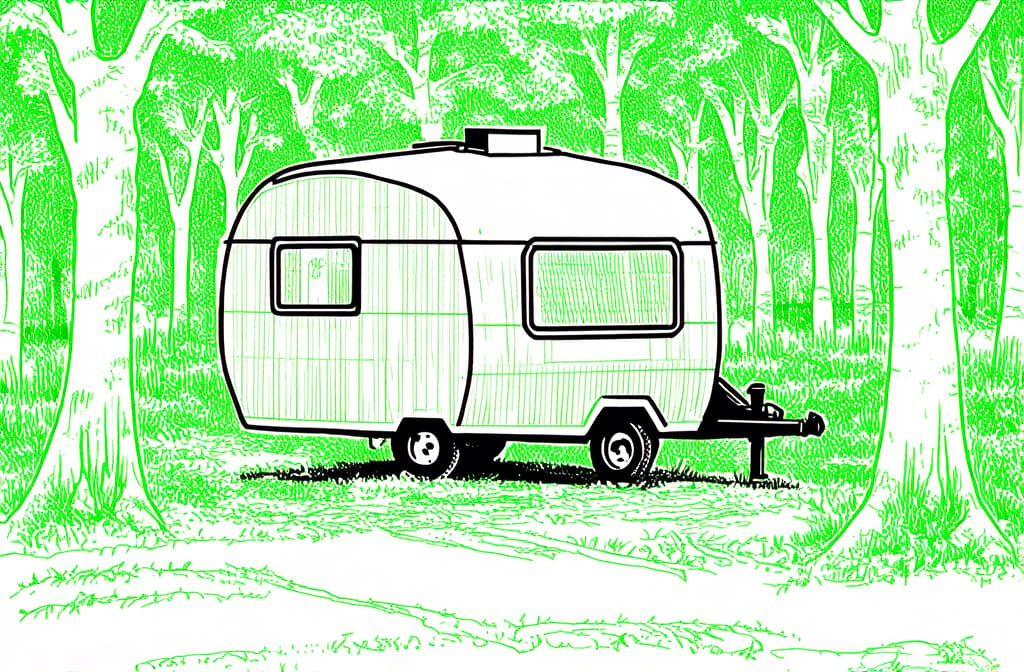  contour, very simple image in one unbroken black ink line, single line of caravan house camping in forest ar 3:2 using a single continuous black line ink brushon white background, drawing should be created without lifting the pen, recognizable features of caravan house camping in forest ar 3:2 in one unbroken line