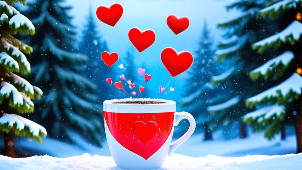  coffee cup with hearts flying out of it standing on snow, snowy forest background, digital art, hyper realistic photography, very beautiful, highly detailed cute, high quality photos, high quality, beautiful wallpaper ar 16:9 {prompt}, maximum details