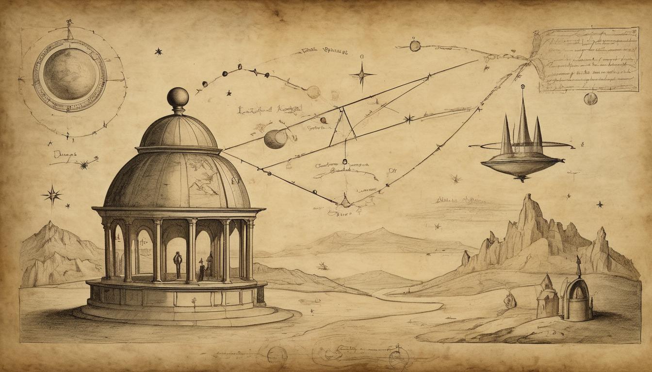  on parchment, surrealism++, a celestial observatory, transparent dome, a telescope pointing towards a glowing heart shaped constellation, divine, serene, watchful(mysterious, provocative, symbolic)++