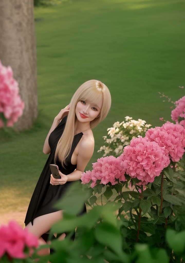  a woman with soft, harmonious features. she has fair skin and light blonde hair, long with bangs framing her face. she is wearing a simple, elegant black dress that adds a touch of sophistication and grace. in the picture, she is taking a selfie while holding her phone confidently, with a subtle smile that adds a hint of spontaneity and charm. the background is a bedroom, which provides a cozy and intimate setting, focusing attention on her natural beauty, and the lighting is soft and natural, enhancing the realistic feel. hyperrealistic, full body, detailed clothing, highly detailed, cinematic lighting, stunningly beautiful, intricate, sharp focus, f/1. 8, 85mm, (centered image composition), (professionally color graded), ((bright soft diffused light)), volumetric fog, trending on instagram, trending on tumblr, HDR 4K, 8K