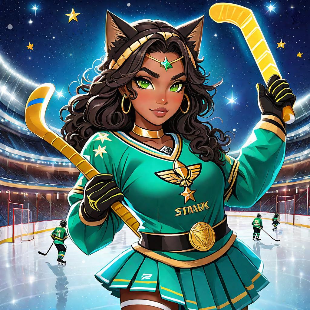  anime art very beautiful, female hockey player egyptian woman dark brown skin, has curly black/brown hair and bright green eyes. has septum piercing, golden arm band, beads and jewelry in hair, has cat ears and tail, hockey player, on ice rink, hockey stick, blue and yellow jersey with stars, full body., award winning, professional, highly detailed, masterpiece