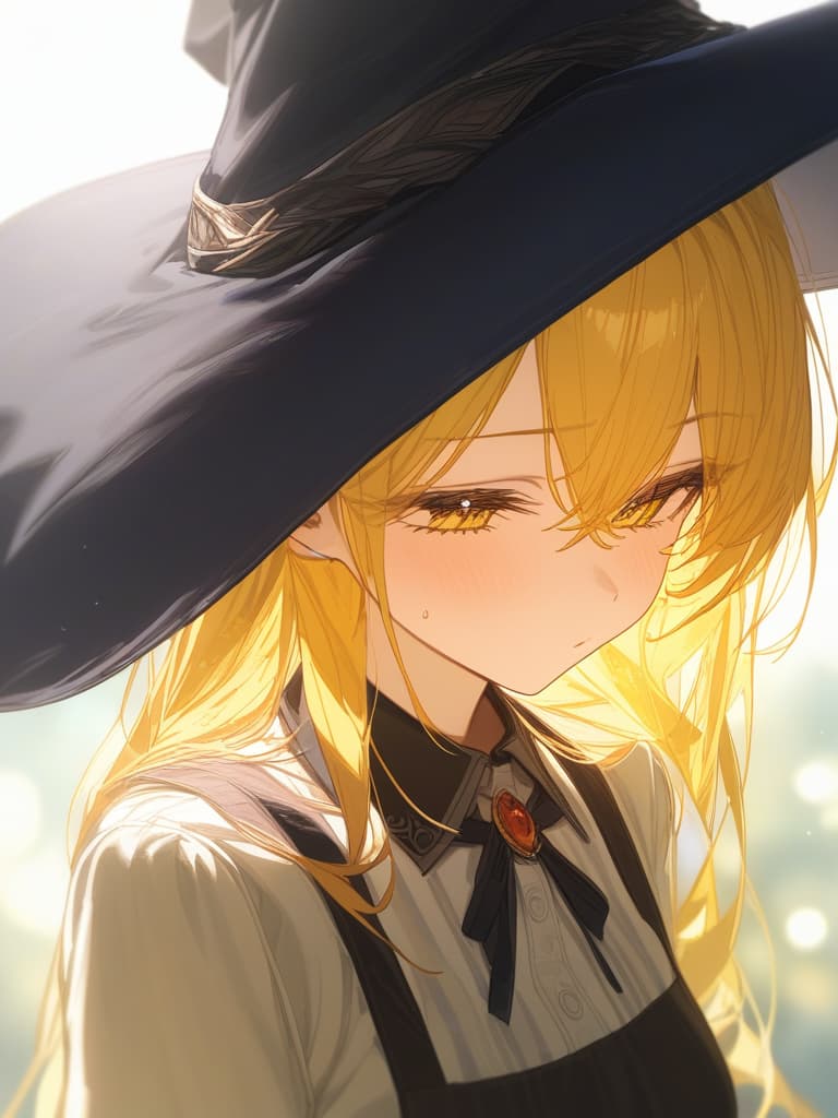  yellow hair, witch hat, apron, black clothes, masterpiece, best quality,8k,ultra detailed,high resolution,an extremely delicate and beautiful,hyper detail