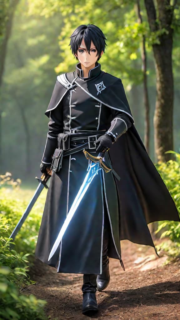  anime art: kirito linked to sword art online's core, intertwined with the game's existence and memories. hyperrealistic, full body, detailed clothing, highly detailed, cinematic lighting, stunningly beautiful, intricate, sharp focus, f/1. 8, 85mm, (centered image composition), (professionally color graded), ((bright soft diffused light)), volumetric fog, trending on instagram, trending on tumblr, HDR 4K, 8K