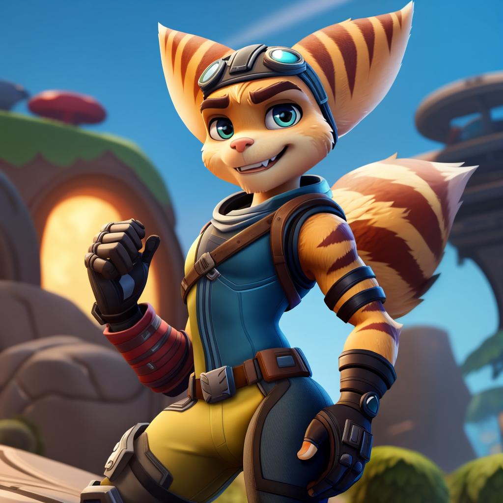  Ratchet and clank (insomniac, fortnite), full body, open eyes, masterpiece, 4k, fine details,