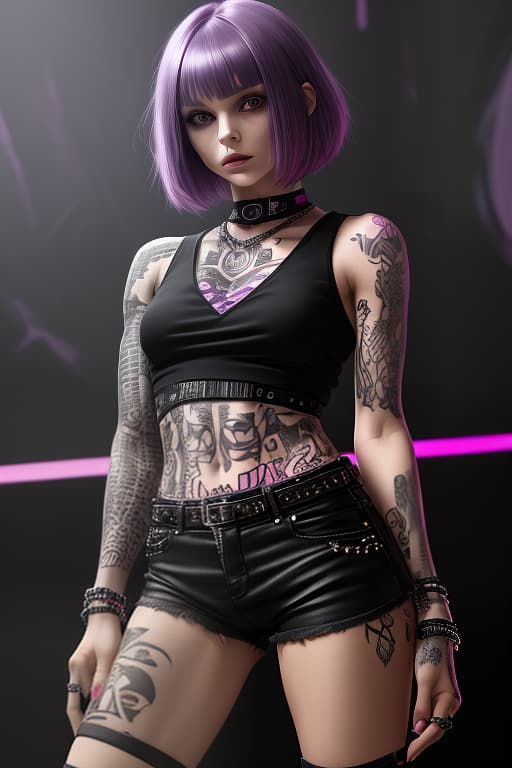  girl with purple hair, cascading bob haircut. black and pink top, tattoos on arms. bracelets, black shorts, black boots, metal rocker chick. agent