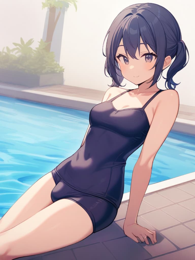  women's elementary students (male), twin tails, cute smiles, (rich s), low stature, dark blue swimwear, old swimwear, , simple (upward), male , (bulge), shaped clear , front , whole body, pool side,