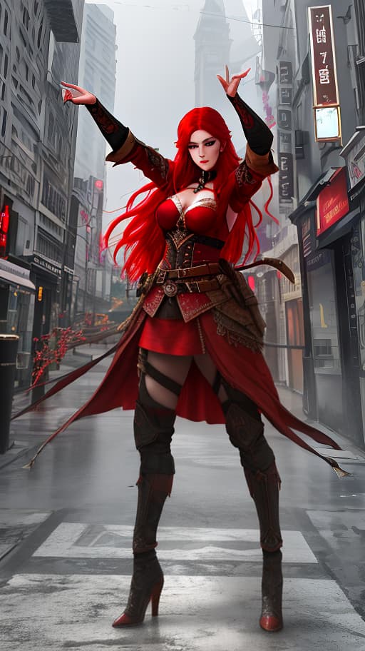  A red haired , in the , with Slavic Asian features, (3d render:1.25), realistic, dark, epic, (detailed:1.22), textured hyperrealistic, full body, detailed clothing, highly detailed, cinematic lighting, stunningly beautiful, intricate, sharp focus, f/1. 8, 85mm, (centered image composition), (professionally color graded), ((bright soft diffused light)), volumetric fog, trending on instagram, trending on tumblr, HDR 4K, 8K