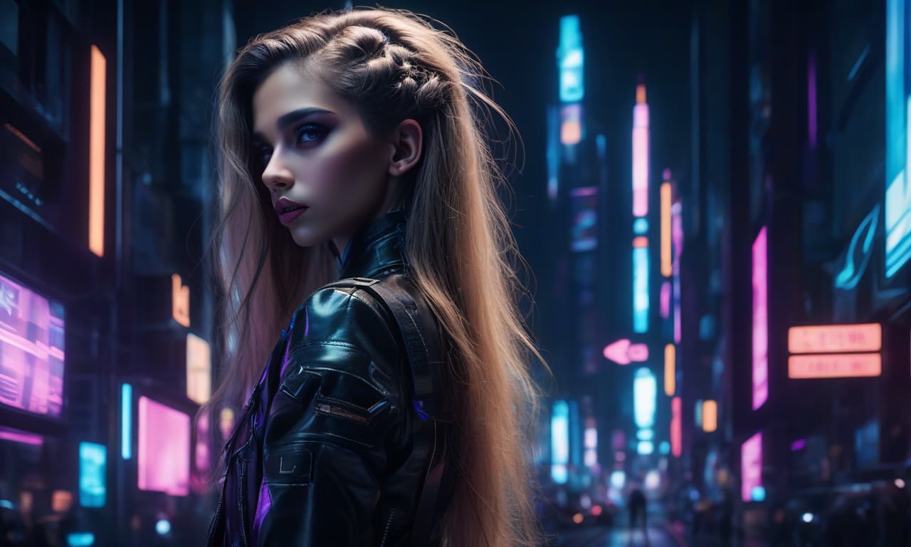  1 girl, of gabriela, black ribbon design, dutch angle, detailed hair, detailed facial features, detailedeyes, detailed lips, intricate hairstyle, long flowing hair, cyber punk, neon lights, glowing neon, dark futuristic city, moody lighting, film composition, dynamic camera angle, hight contrast, bright coloured, (best qualityer,4k,8K,high resolution,work of art:1.2),ultra detali,(realisitic,photorealisitic,photo realisitic:1.37)