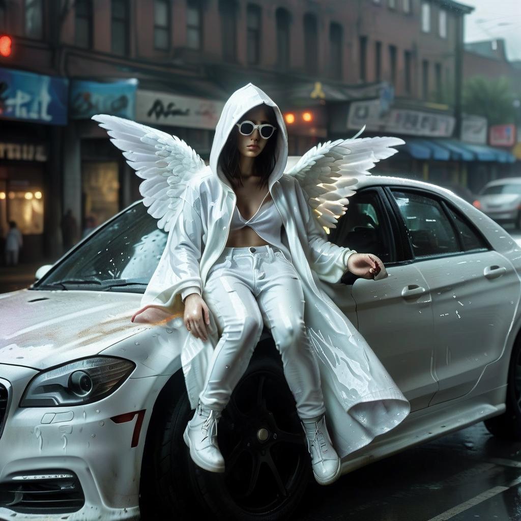  hyperrealistic art an angel in a white hood with no face in black sunglasses with large white wings sits on a black car in the rain . extremely high resolution details, photographic, realism pushed to extreme, fine texture, incredibly lifelike, hkmagic, glowneon