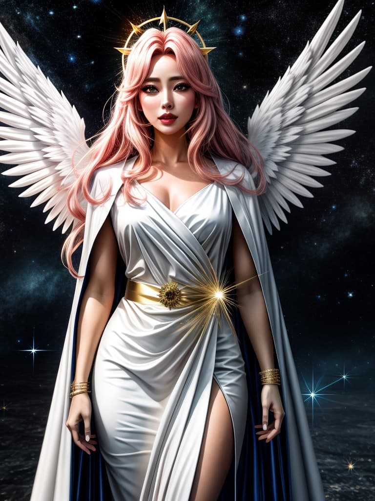  anime coloring, anime style, 1 girl, white robe, angel, angel wings, golden halo, dark background, upper body, looking at the audience, arms behind, blue theme, stars, starry night hyperrealistic, full body, detailed clothing, highly detailed, cinematic lighting, stunningly beautiful, intricate, sharp focus, f/1. 8, 85mm, (centered image composition), (professionally color graded), ((bright soft diffused light)), volumetric fog, trending on instagram, trending on tumblr, HDR 4K, 8K