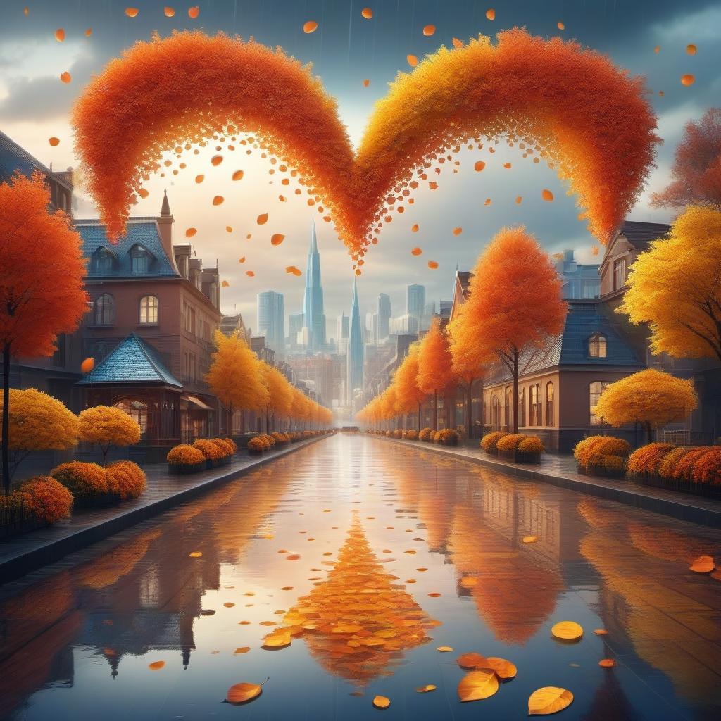  A "heart " of raindrops on the background of an autumn city, a bright dynamic picture in the style of a kortoon