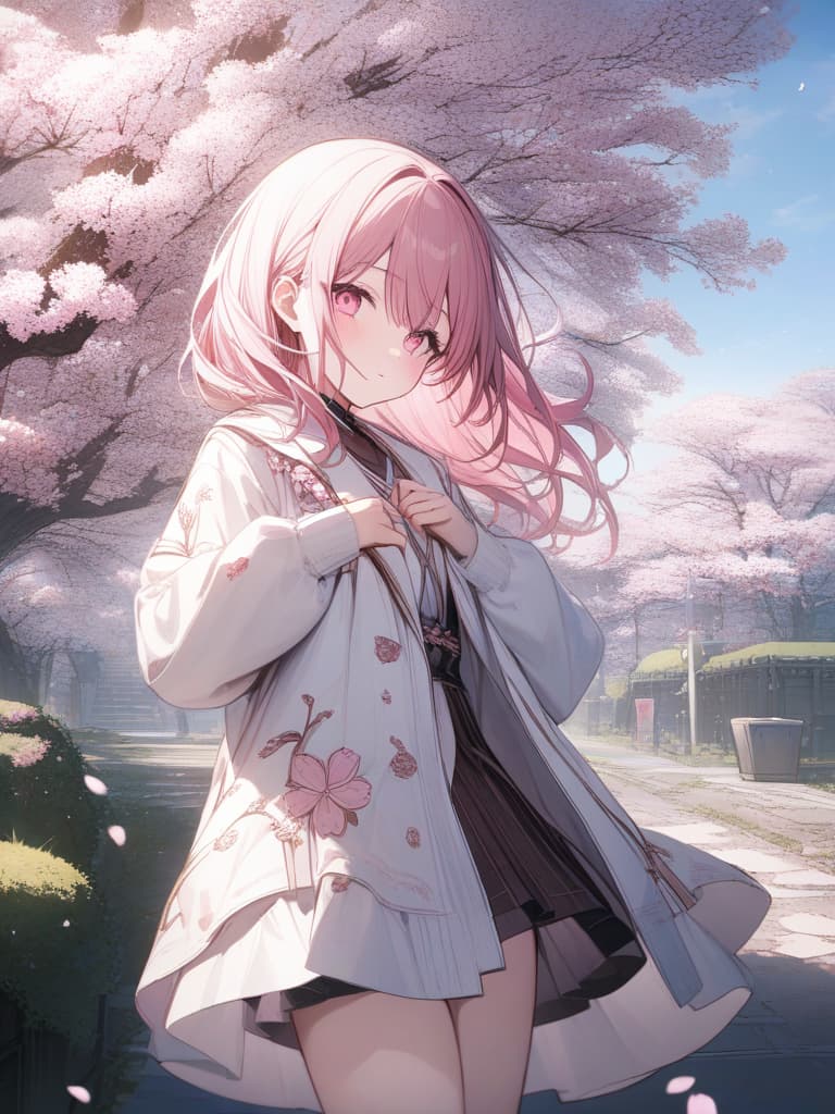  cherry blossoms, pink hair, pink eyes, girls, cool, cherry blossoms, cherry blossoms in the eyes, masterpiece, best quality,8k,ultra detailed,high resolution,an extremely delicate and beautiful,hyper detail