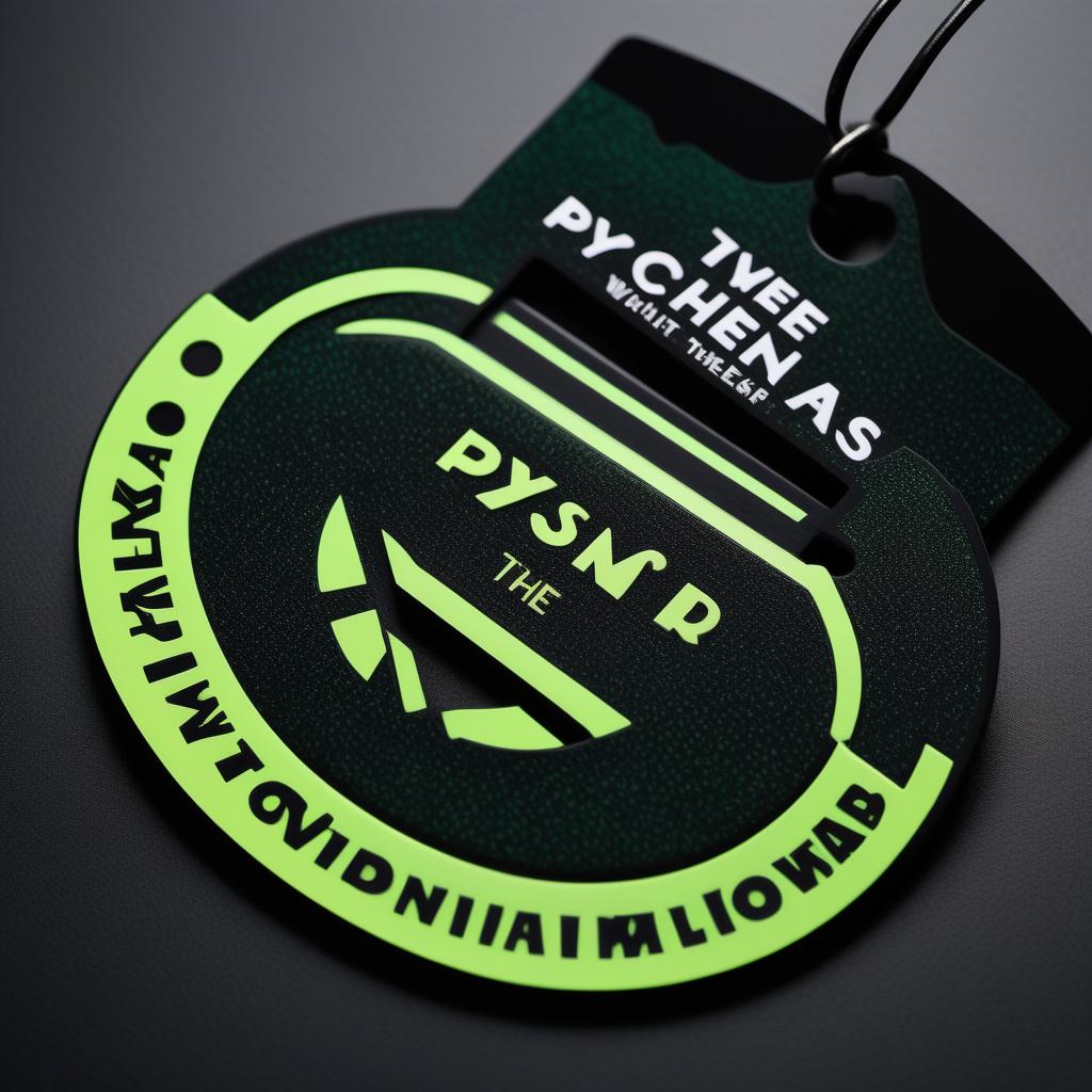  A clothing tag design for a new clothing brand named 'PsycheThreads' with a black background and vibrant green accents. The front side features the brand logo in the center with the brand name 'PsycheThreads' written in a sleek, bold font just below it. Below the brand name, there are psychedelic swirling patterns and vivid shapes incorporating black and green hues. The top center of the tag has a punched hole reinforced with a metallic ring for hanging. The material has a smooth, matte finish to reflect sophistication. The back side includes the website and social media handles at the top in a simple, readable font, followed by the slogan 'Wear the Unseen' in an italic, elegant font. There are smaller psychedelic patterns subtly integrate hyperrealistic, full body, detailed clothing, highly detailed, cinematic lighting, stunningly beautiful, intricate, sharp focus, f/1. 8, 85mm, (centered image composition), (professionally color graded), ((bright soft diffused light)), volumetric fog, trending on instagram, trending on tumblr, HDR 4K, 8K