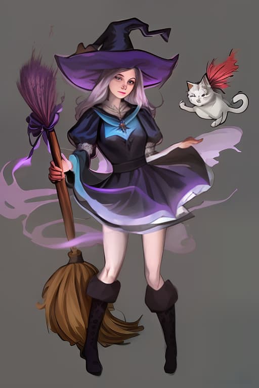  a witch in her left hand holds a broom next to her in the air a magical ghost cat with a book