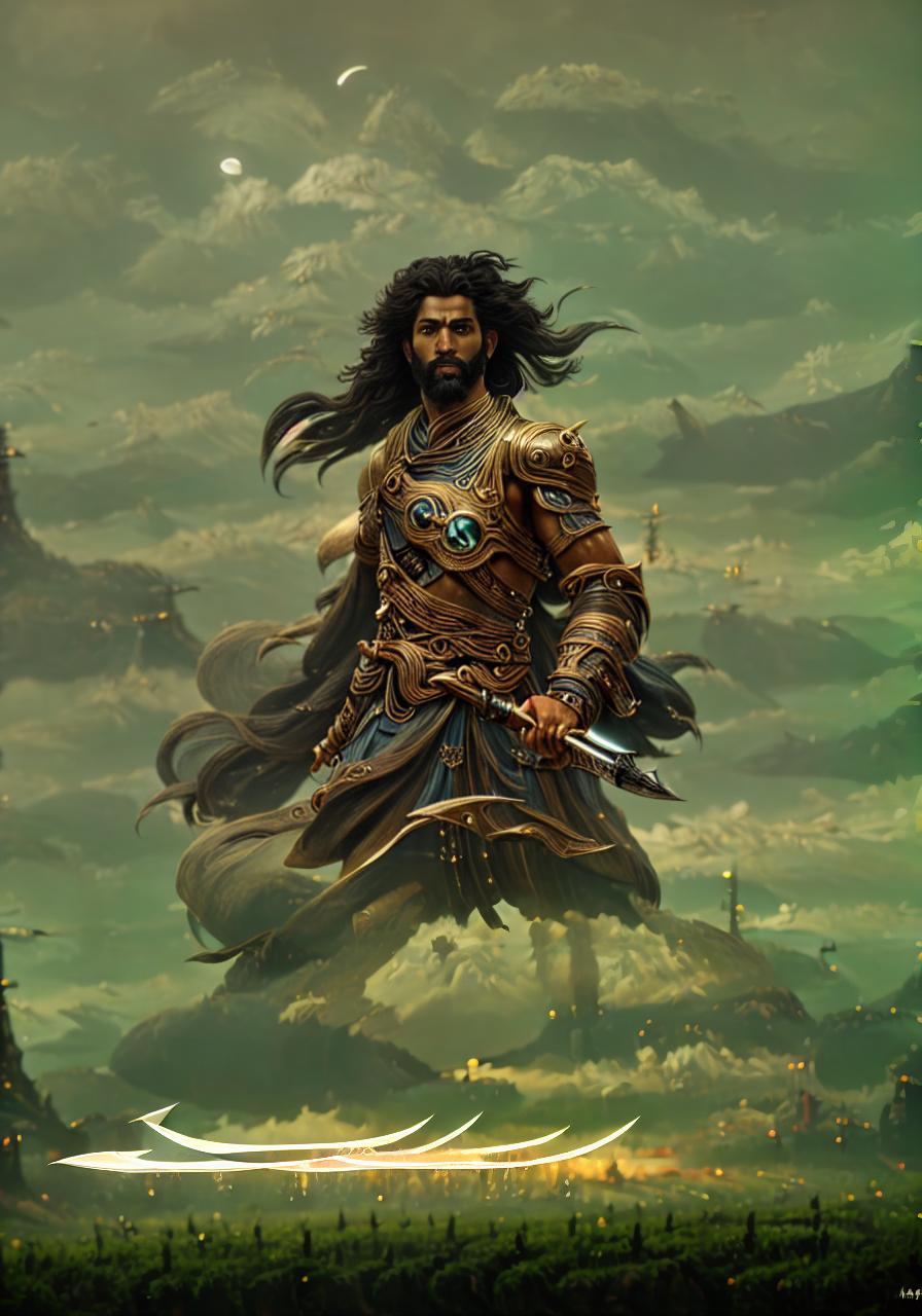 a photo of ddfusion style beautiful and tall warrior with long curly hair and beard black as night strong and delicate young face brown eyes wide nose full lips brown skin wore a dark blue tunic and pants and a long sword starry sky, realistic, hyper realistic, ultra hd, studio light, silk, octane rendering, ultra detailed, 8k, cinematic, sharp focus hyperrealistic, full body, detailed clothing, highly detailed, cinematic lighting, stunningly beautiful, intricate, sharp focus, f/1. 8, 85mm, (centered image composition), (professionally color graded), ((bright soft diffused light)), volumetric fog, trending on instagram, trending on tumblr, HDR 4K, 8K