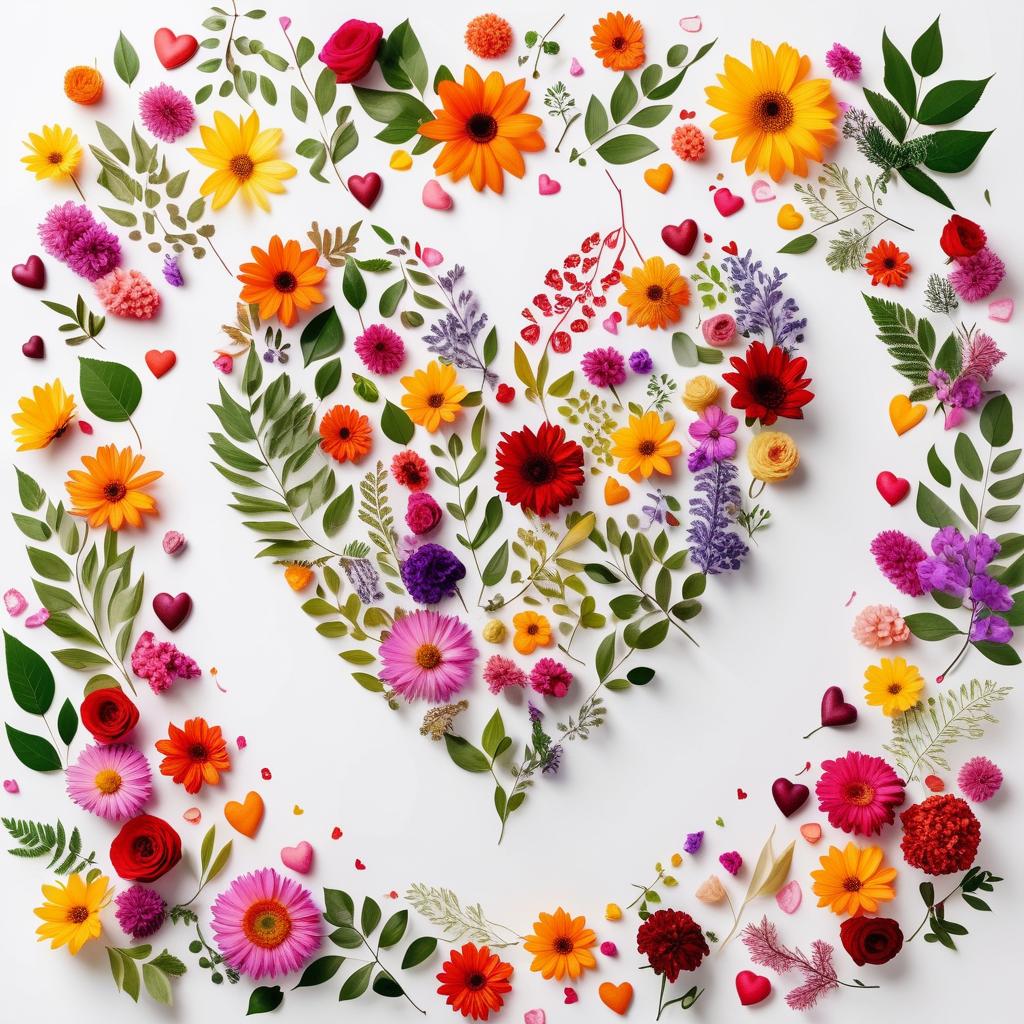  The shape of a heart drawn with a multitude of leaves and colorful flowers on a white background Valentine's Day Lovers' Day Spring is coming