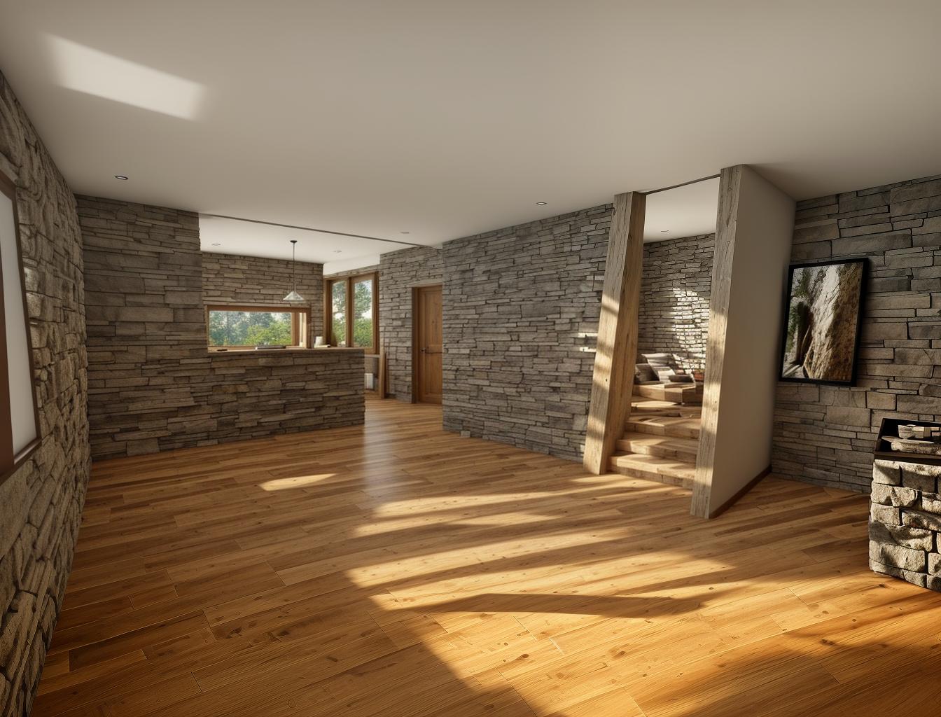  generate a photorealistic image of a living room with a stone accent wall and a wooden floor. the design should include a large window that allows natural light to highlight the texture of the stone wall, creating a balance between rustic and modern elements.