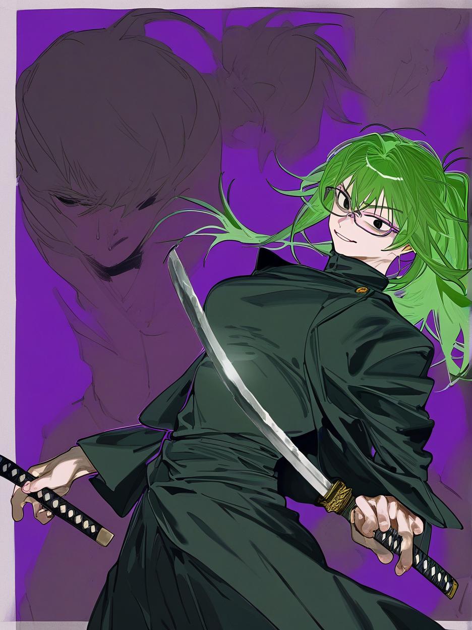  maki zenin from jujutsu kaisen, green hair, glasses with a purple frame, holding a katana, ponytail, arrogant smile, black eyes, open clothes . best quality, high resolution