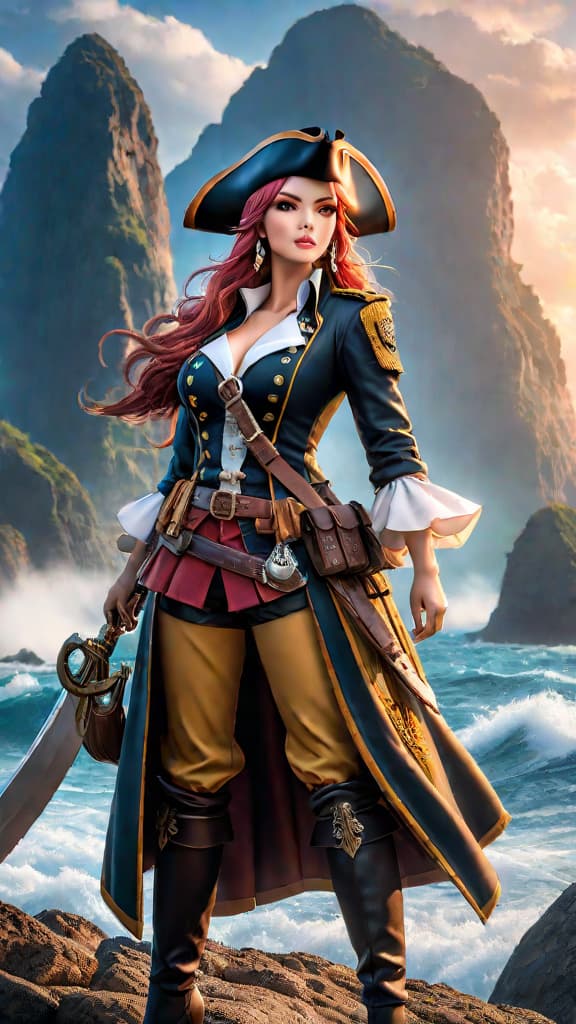  create an anime art of the rocks pirates, led by captain rocks d. xebec, striking fear across the seas. hyperrealistic, full body, detailed clothing, highly detailed, cinematic lighting, stunningly beautiful, intricate, sharp focus, f/1. 8, 85mm, (centered image composition), (professionally color graded), ((bright soft diffused light)), volumetric fog, trending on instagram, trending on tumblr, HDR 4K, 8K