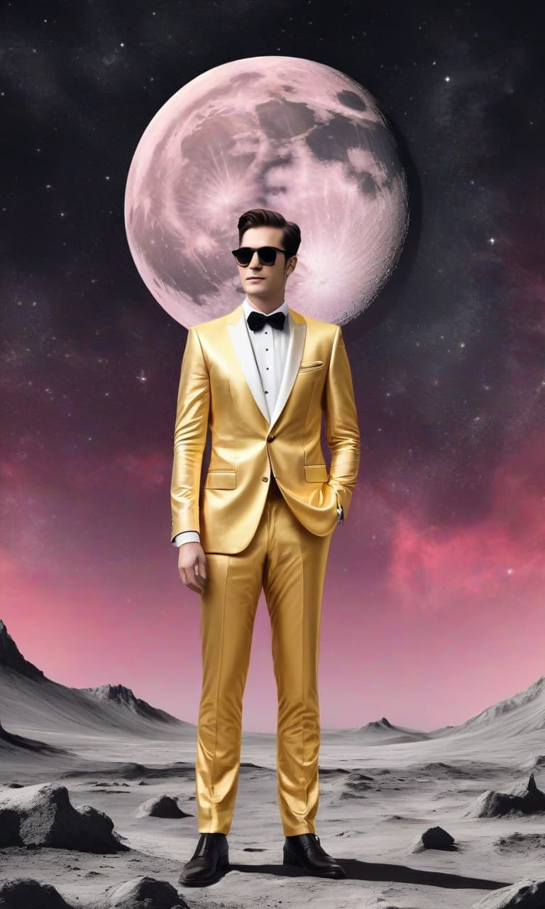  concept art color pink, white, black, gold night sky on the moon stands a man in a gold suit . digital artwork, illustrative, painterly, matte painting, highly detailed, perfect hands