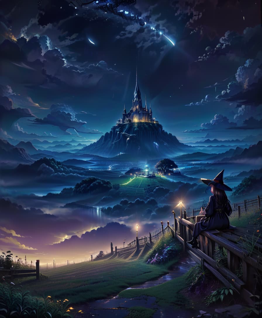  anime artwork night landscape, starry sky, dark, meadow at the bottom of the frame, witch in the right corner of the frame, sitting with her back to the viewer, sitting on a fence, magic, witchcraft, surrealism, magic wand . anime style, key visual, vibrant, studio anime, highly detailed, civitai, oil painting, glowneon