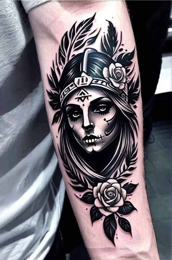  tattoo with greek style and skull flowers birds god eye full sleeve, (tattoo:1.15), black and white style, hq, hightly detailed, 4k