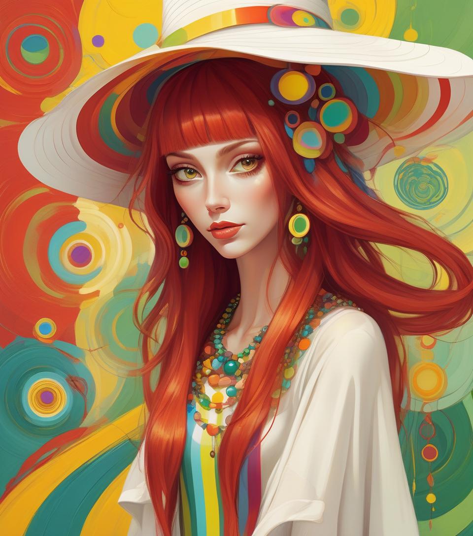  concept art oil painting, beautiful lady in abstract style, long red hair, white bizarre hat with colorful circles, multicolored necklaces, earrings, yellow striped green background abstract vector fractal, wave function, zentangle, 3d shading . digital artwork, illustrative, painterly, matte painting, highly detailed