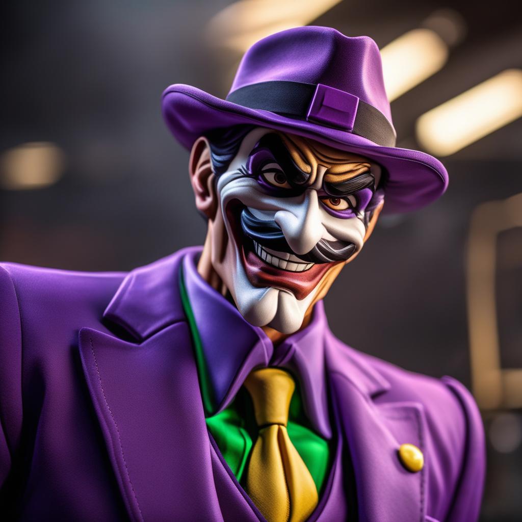  waluigi as the joker hyperrealistic, full body, detailed clothing, highly detailed, cinematic lighting, stunningly beautiful, intricate, sharp focus, f/1. 8, 85mm, (centered image composition), (professionally color graded), ((bright soft diffused light)), volumetric fog, trending on instagram, trending on tumblr, HDR 4K, 8K