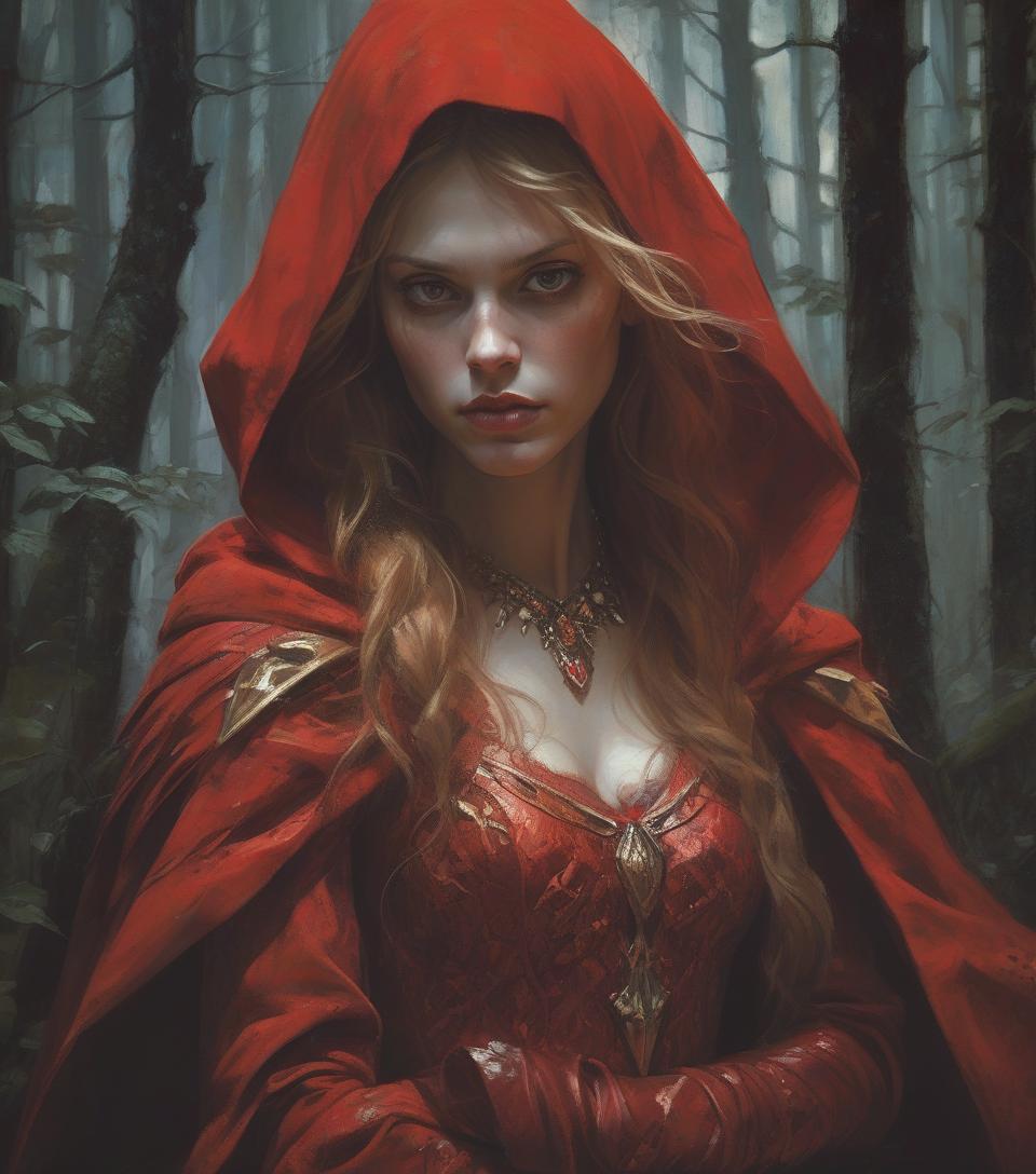  close up shot of red riding good as a warrior princess in the dangerous forest, at night, low saturation color photography, vintage, grunge, top light, masterful painting in the style of anders zorn | marco mazzoni | yuri ivanovich, todd mcfarlane, aleksi briclot, oil on canvas