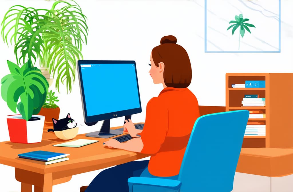  work from home woman working at her desk at home with cat and plants. modern vector illustration of home office concept. ar 3:2 {prompt}, maximum details