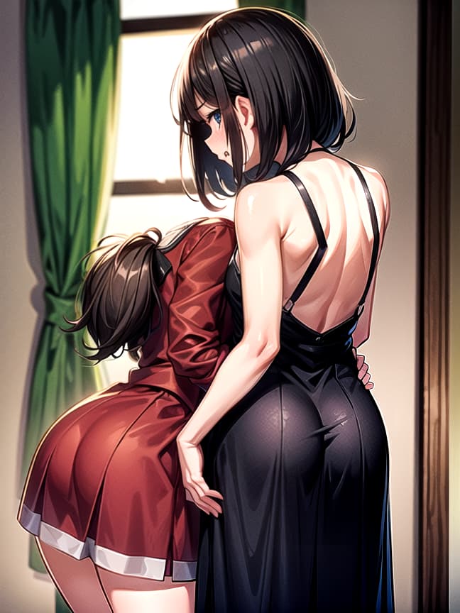  2 women, older, small chest, hugging behind, spanked, rear view, standing, indoors, dim lighting, (anime:1.25)