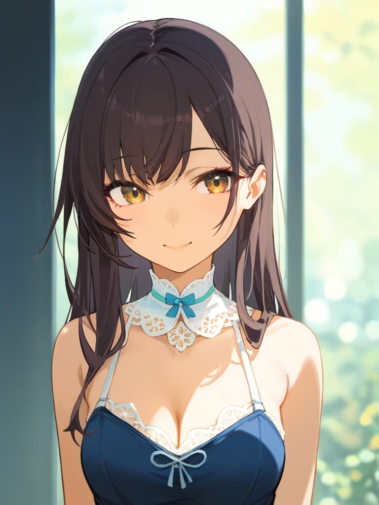  gentle illustration {clean beautiful girl:1.7}{dark brown hair:1.2}{shiny straight long hair:1.2}{half up:1.5}{gentle smile:1.5}{she is wearing a dress with white collar on dark blue background:1.5}{upper body} masterpiece,high quality,16k,super analysis