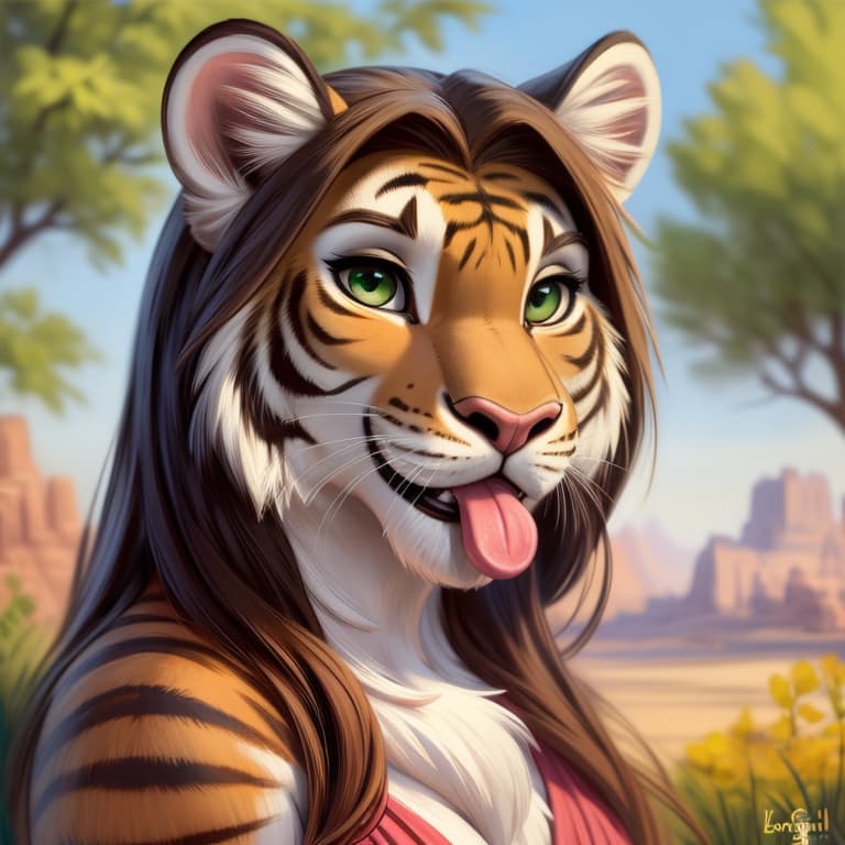  (by reallynxgirl:1.3), felid mammal pantherine tiger blep blush brown_hair chest_tuft clothing female front_view fur green_eyes hair long_hair looking_at_viewer multicolored_body multicolored_fur orange_body orange_fur outside smile solo striped_body striped_fur stripes tongue tongue_out tuft white_body white_fur, open eyes, masterpiece, 4k, fine details,