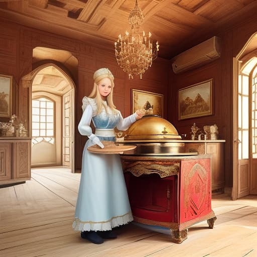  masterpiece, the best quality, a russian woman in traditional clothes prepares cakes in a stone oven, (fast and dexterous movements: 1.2), a very light smile, tense, piercing eyes, blue eyes, (decisive expression: 0.9), flowing blond hair, brown eyes, dressed in traditional russian dress, cooks in the open air, inside a wooden castle, against the background of an ancient russian throne room in a wooden castle, cartoon style, cute, modernism,