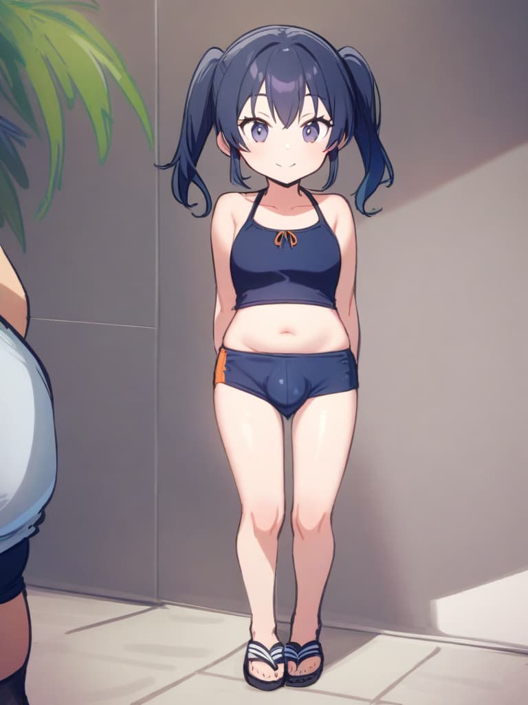  women's elementary students (with male), twin tails, cute smiles, rich s, short stature, dark blue swimwear, old swimwear, swimwear, simple, (swelling), upward, (bulge), front, whole body, pool side,