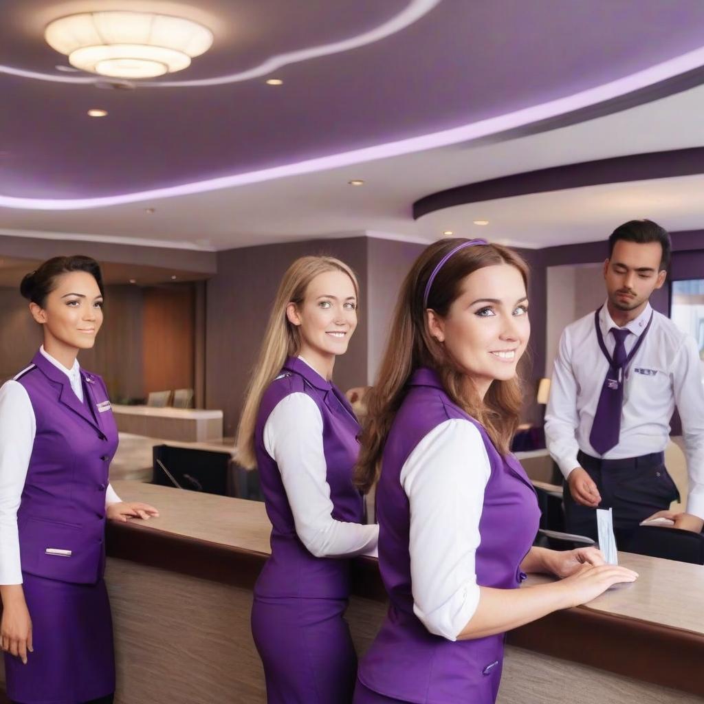  future of hotel staff training, reception desk, people in purple uniforms, clients, mobility, perfecteyes