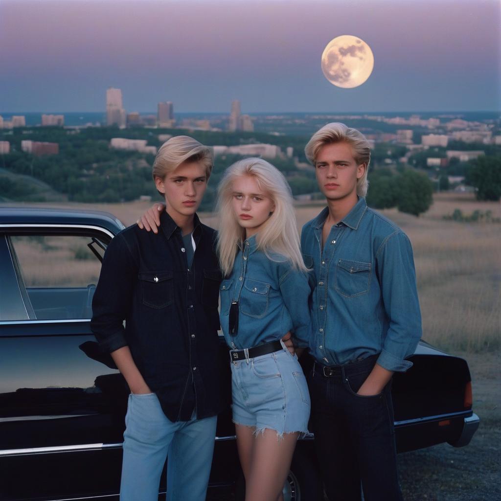  analog film photo a platinum blonde girl takes pictures on a polaroid in a black shirt and stands next to a blonde guy in a denim shirt, standing by a black car, a view from a hill, in the background the city, the time of dusk, a full light moon, the style of the 80 90s. . faded film, desaturated, 35mm photo, grainy, vignette, vintage, kodachrome, lomography, stained, highly detailed, found footage