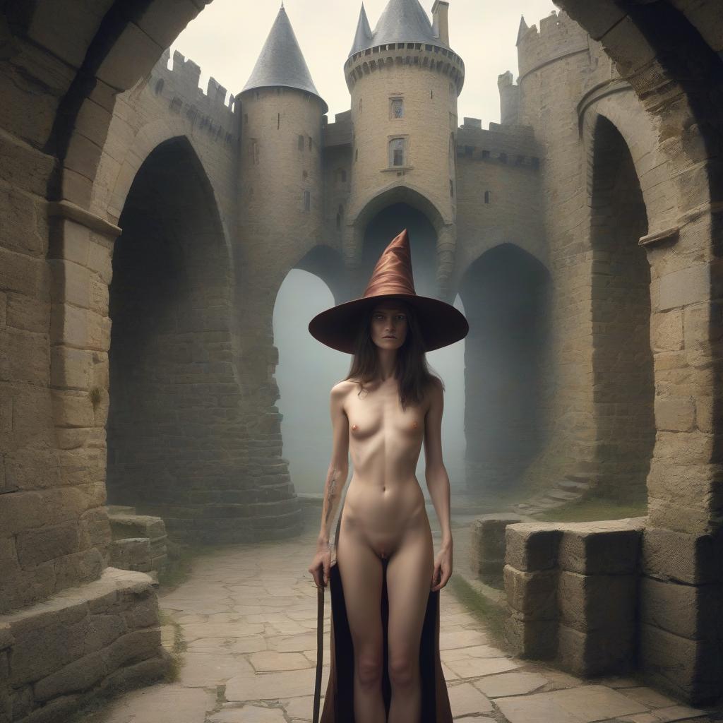  naked, skinny wizard in a wide brimmed hat in a castle