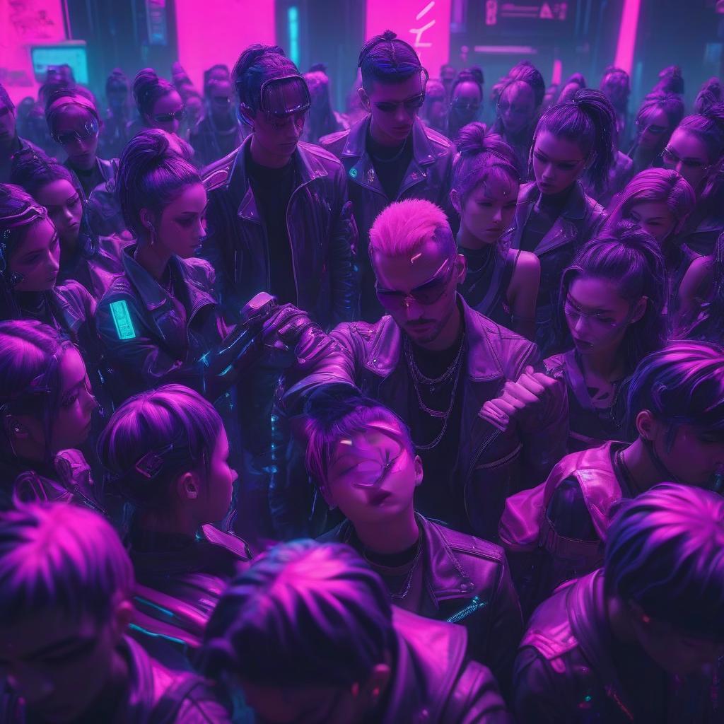  neonpunk style a man holds his head and is surrounded by many identical girls . cyberpunk, vaporwave, neon, vibes, vibrant, stunningly beautiful, crisp, detailed, sleek, ultramodern, magenta highlights, dark purple shadows, high contrast, cinematic, ultra detailed, intricate, professional